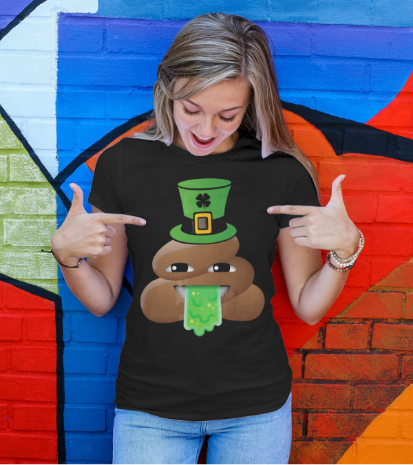 St Patricks Day Funny Leprechaun Poop Emoji Hat And Green Slime Tongue T-Shirt