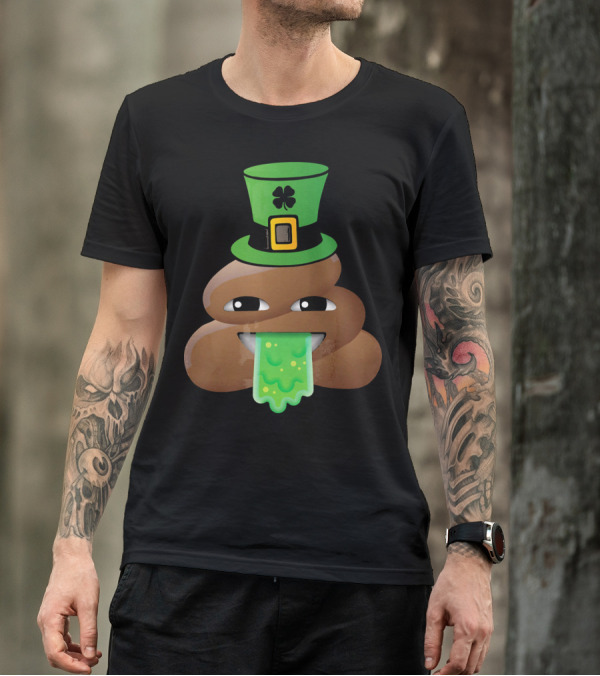 St Patricks Day Funny Leprechaun Poop Emoji Hat And Green Slime Tongue T-Shirt