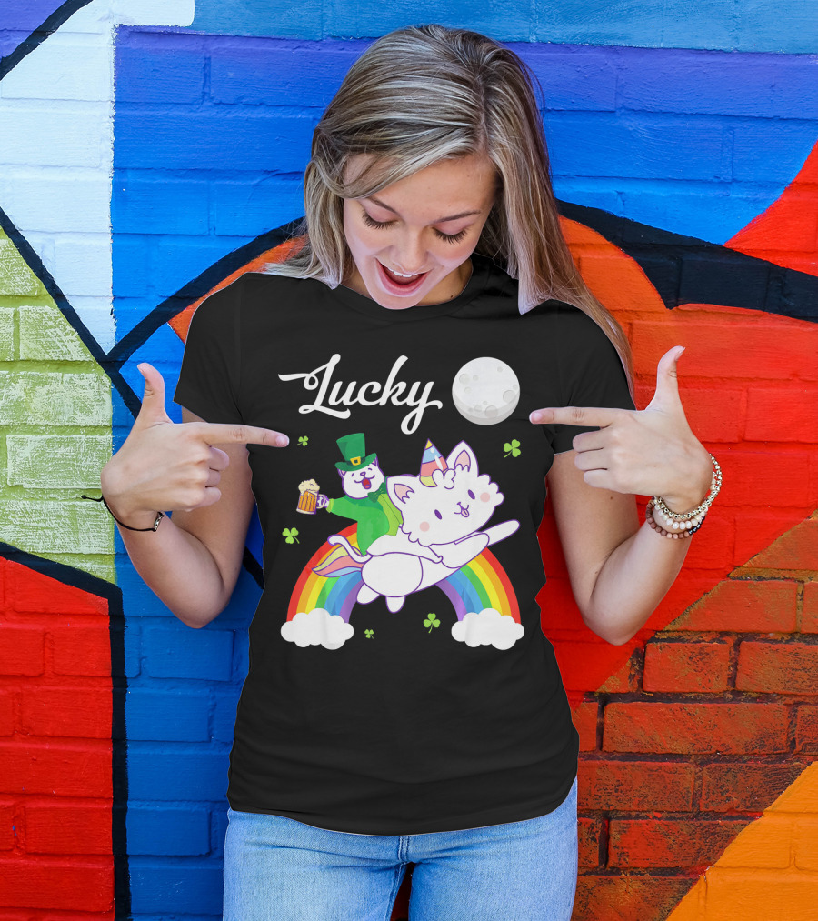 Lucky Leprechaun Cat Riding Unicorn Cat Over Rainbow With Beer And Moon T-Shirt