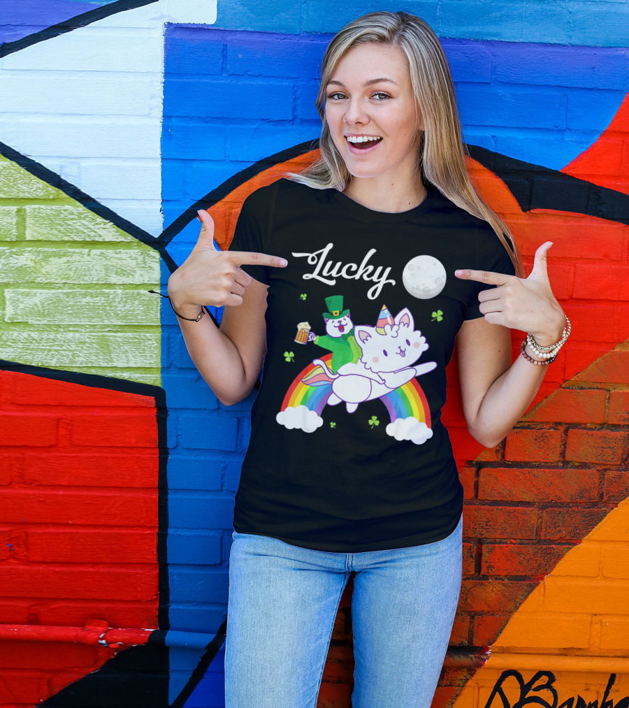 Lucky Leprechaun Cat Riding Unicorn Cat Over Rainbow With Beer And Moon T-Shirt