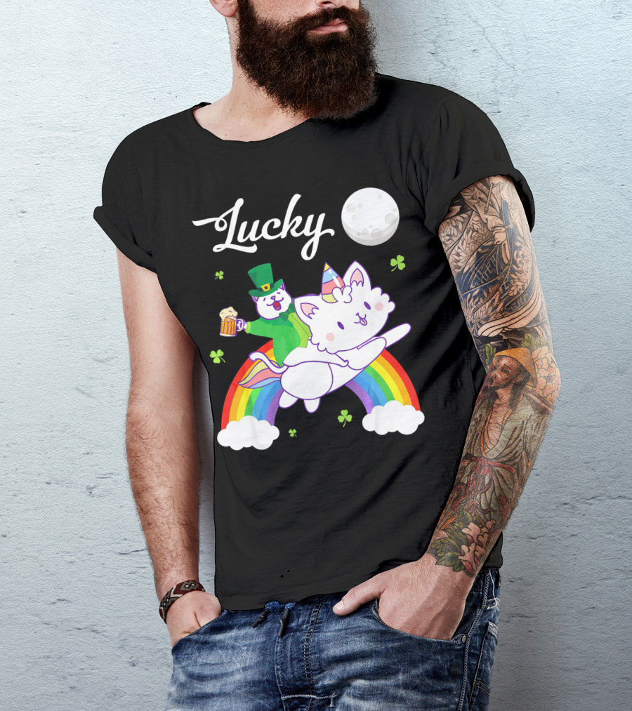 Lucky Leprechaun Cat Riding Unicorn Cat Over Rainbow With Beer And Moon T-Shirt