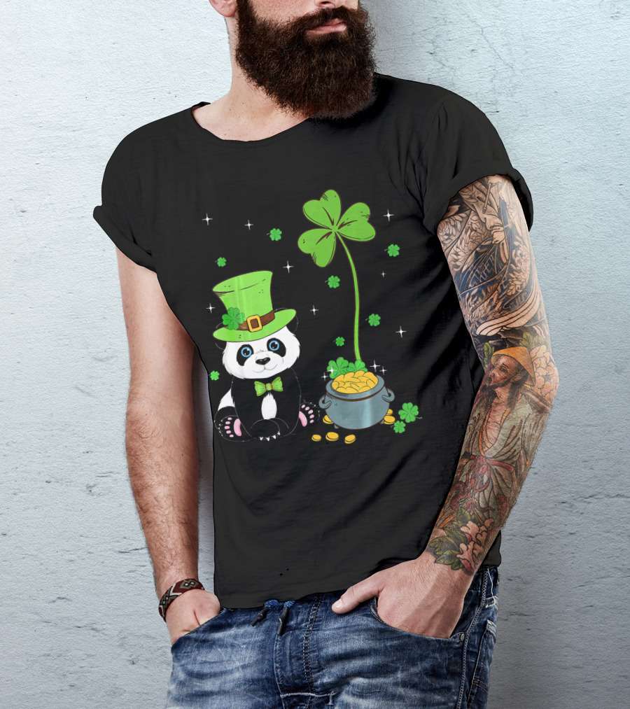 Shamrock Leprechaun Panda St Patricks Pot Of Gold T-Shirt