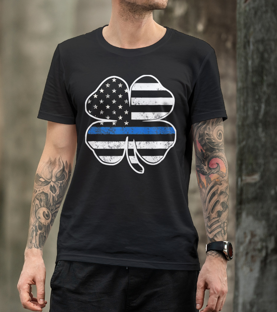 Police Flag Thin Blue Line Shamrock T-Shirt