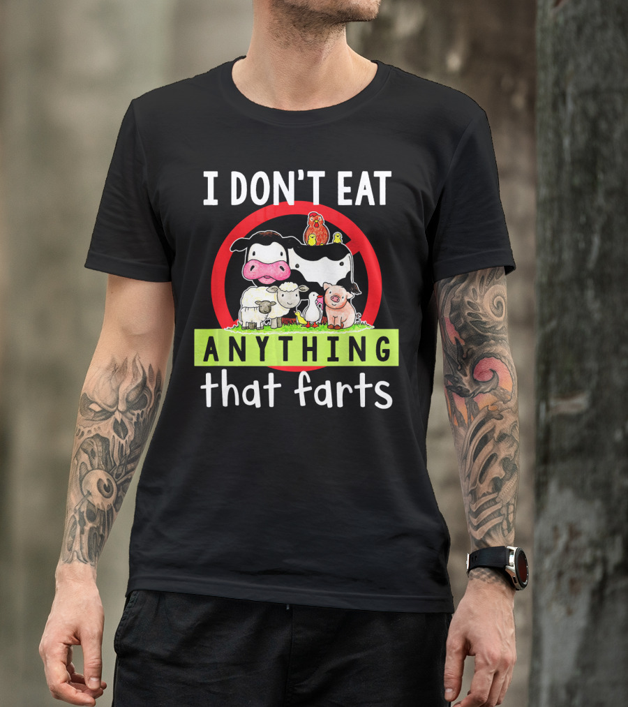 I Don't Eat Anything That Farts Vegetaria Cow Sheep Pig Chicken Cartoon T-Shirt