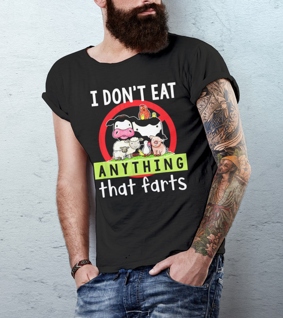 I Don't Eat Anything That Farts Vegetaria Cow Sheep Pig Chicken Cartoon T-Shirt