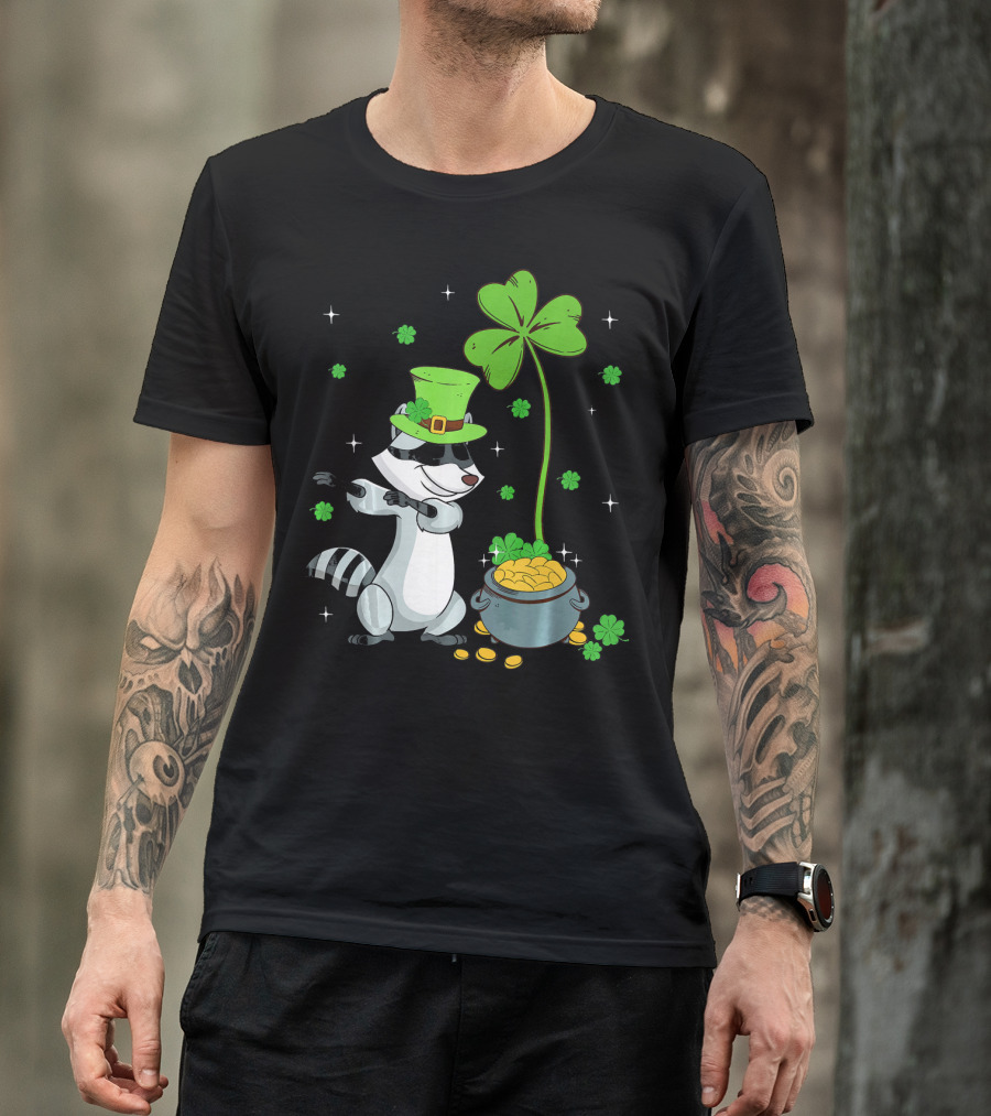Shamrock Leprechaun Raccoon With Pot Of Gold And Clover St Patricks T-Shirt