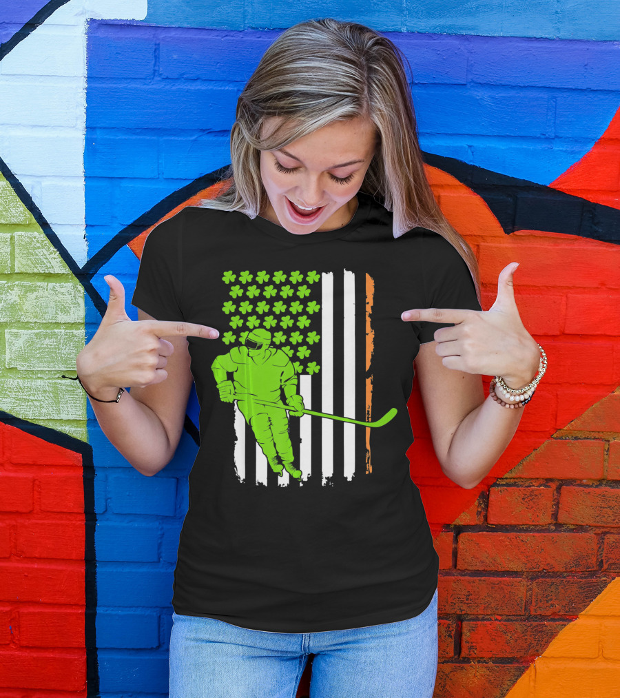 Irish American Flag St Pat Hockey Player Shamrock Stars T-Shirt