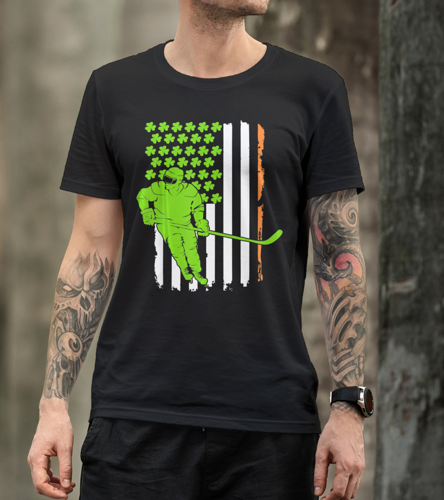 Irish American Flag St Pat Hockey Player Shamrock Stars T-Shirt