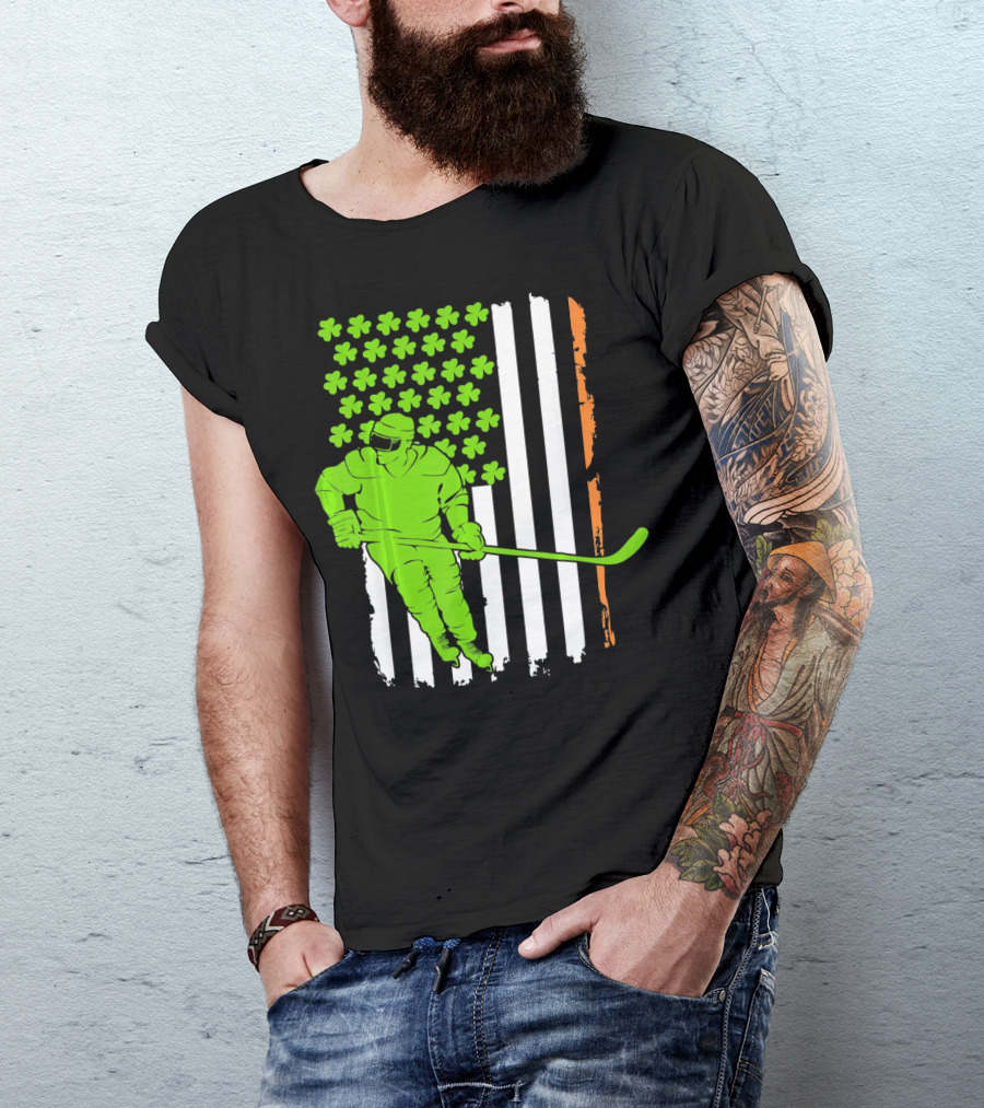 Irish American Flag St Pat Hockey Player Shamrock Stars T-Shirt