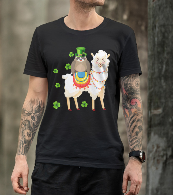 Leprechaun Sloth Riding Llama St Patrick's Day With Shamrocks T-Shirt