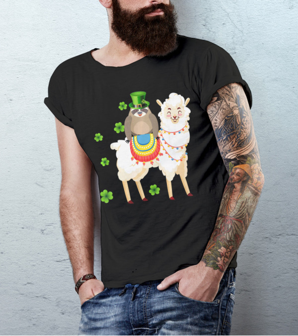 Leprechaun Sloth Riding Llama St Patrick's Day With Shamrocks T-Shirt