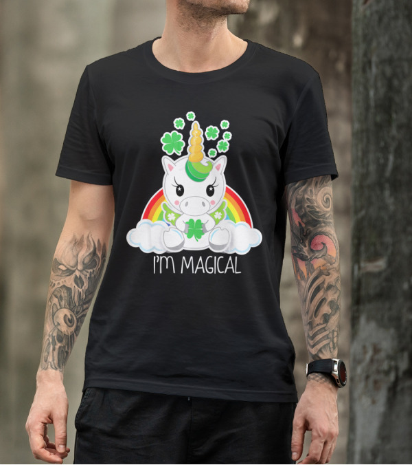 Girls Cute Unicorn I'm Magical Rainbow Clover T-Shirt