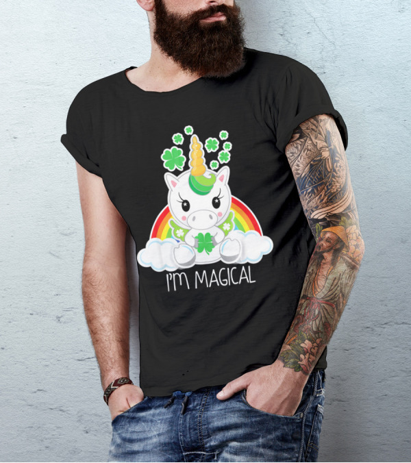 Girls Cute Unicorn I'm Magical Rainbow Clover T-Shirt