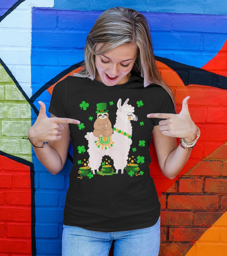Leprechaun Sloth Riding Llama Surrounded By Shamrocks And Gold Coins St. Patric T-Shirt
