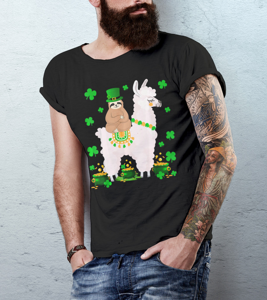 Leprechaun Sloth Riding Llama Surrounded By Shamrocks And Gold Coins St. Patric T-Shirt