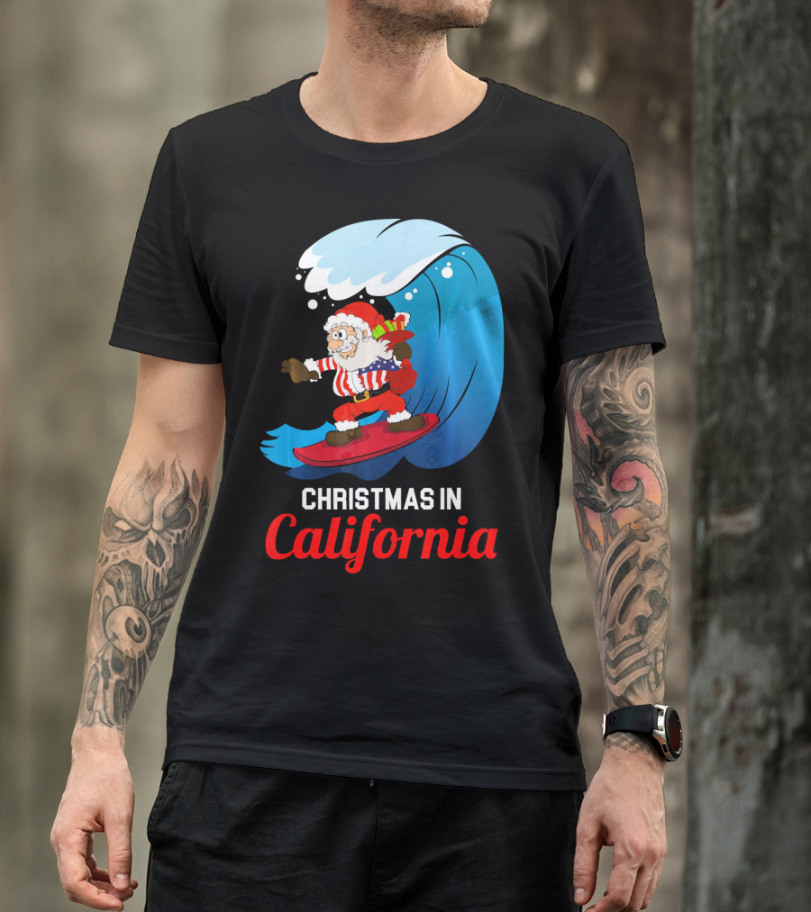Santa Surfing Christmas In California T-Shirt