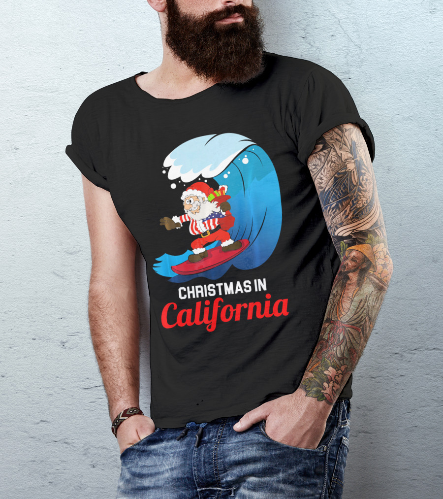 Santa Surfing Christmas In California T-Shirt