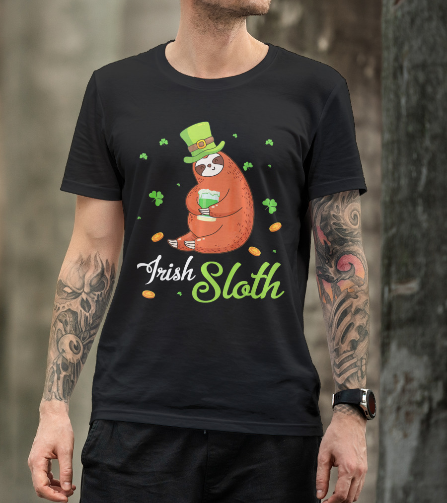 Irish Sloth Leprechaun Drinking Shamrocks Go T-Shirt