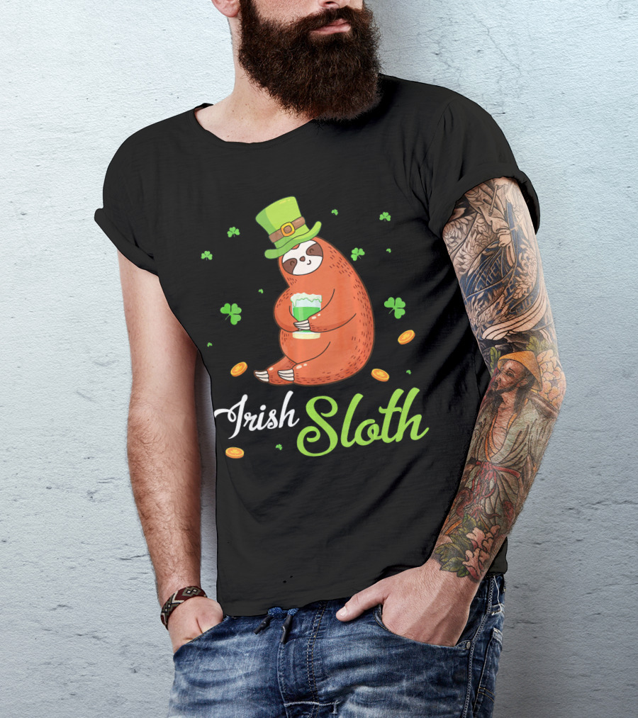 Irish Sloth Leprechaun Drinking Shamrocks Go T-Shirt