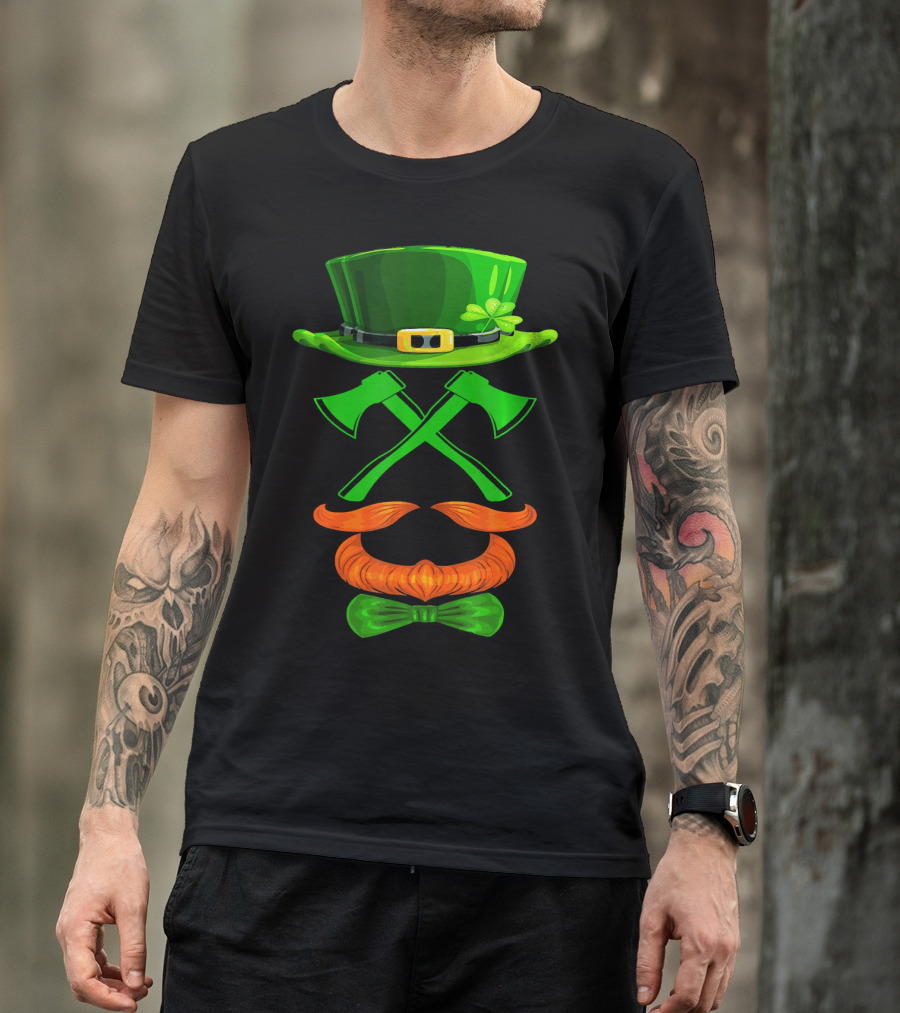 Leprechaun Hat And Crossed Axes With Orange Beard And Bow Tie T-Shirt