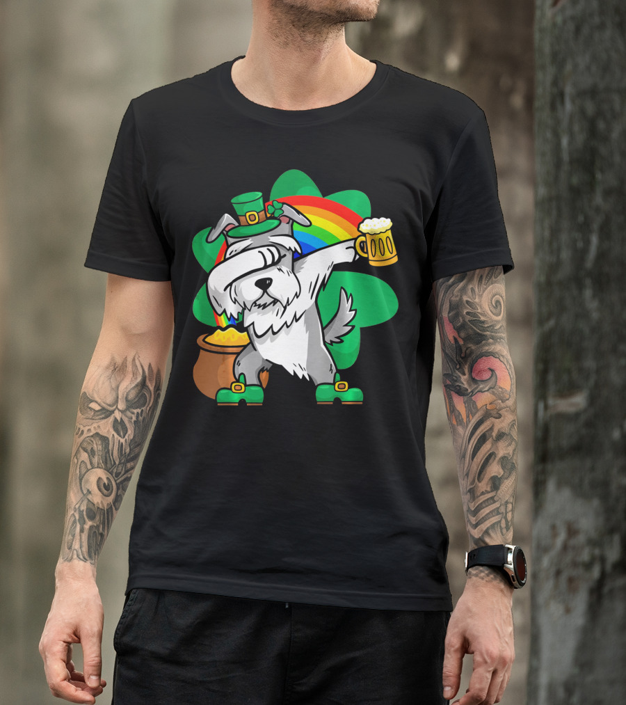 Funny Dabbing Schnauzer Leprechaun With Beer And Rainbow T-Shirt