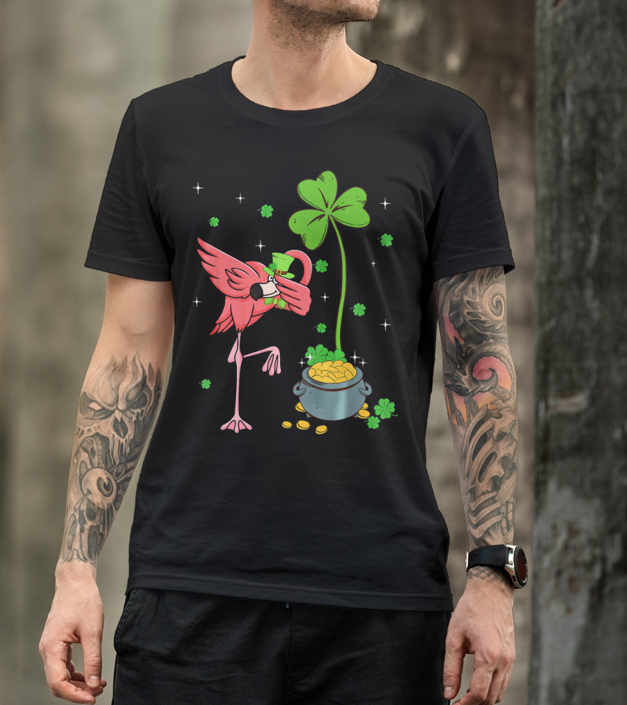 Shamrock Leprechaun Flamingo St Patricks Pot Of Gold T-Shirt