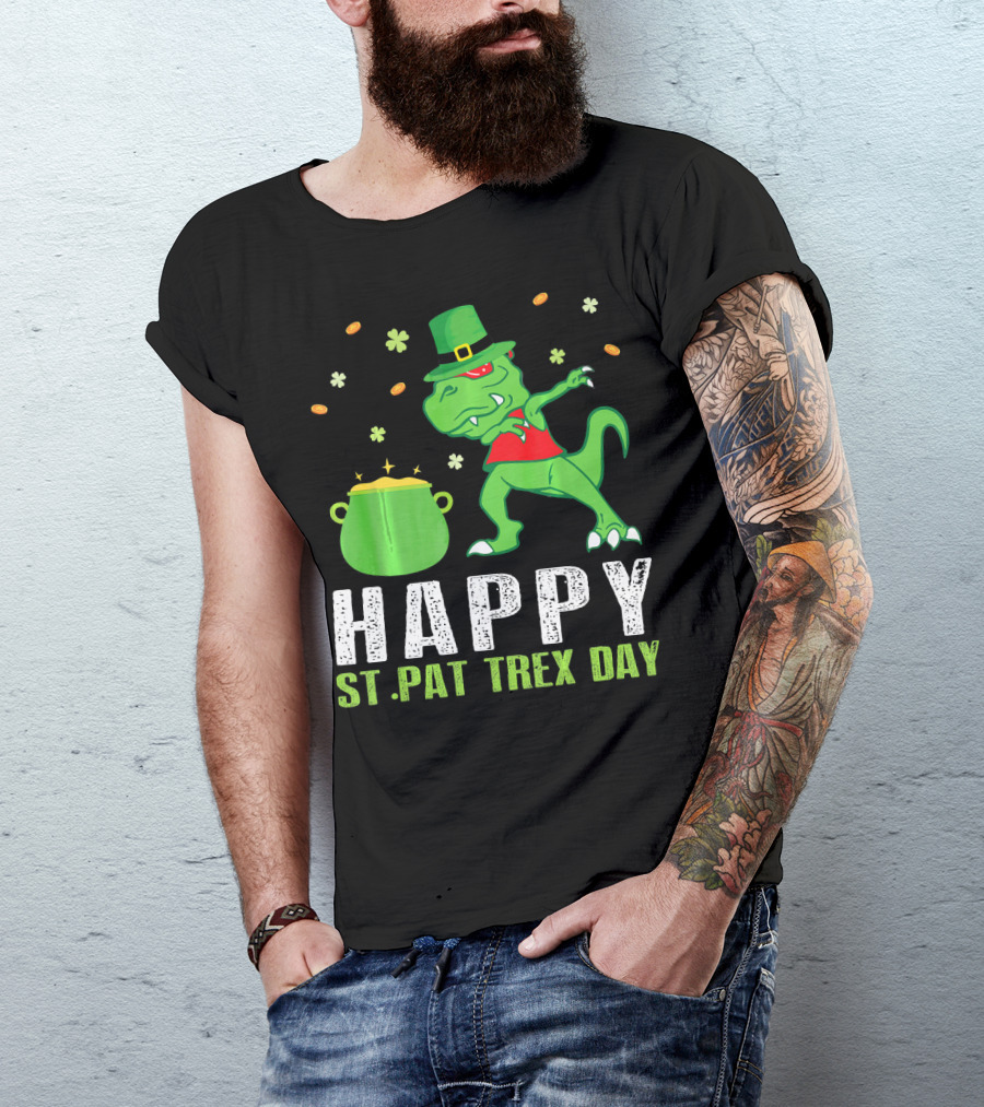 Happy St. Pat T-Rex Day Dinosaur Leprechaun Dabbing Pot Gold T-Shirt
