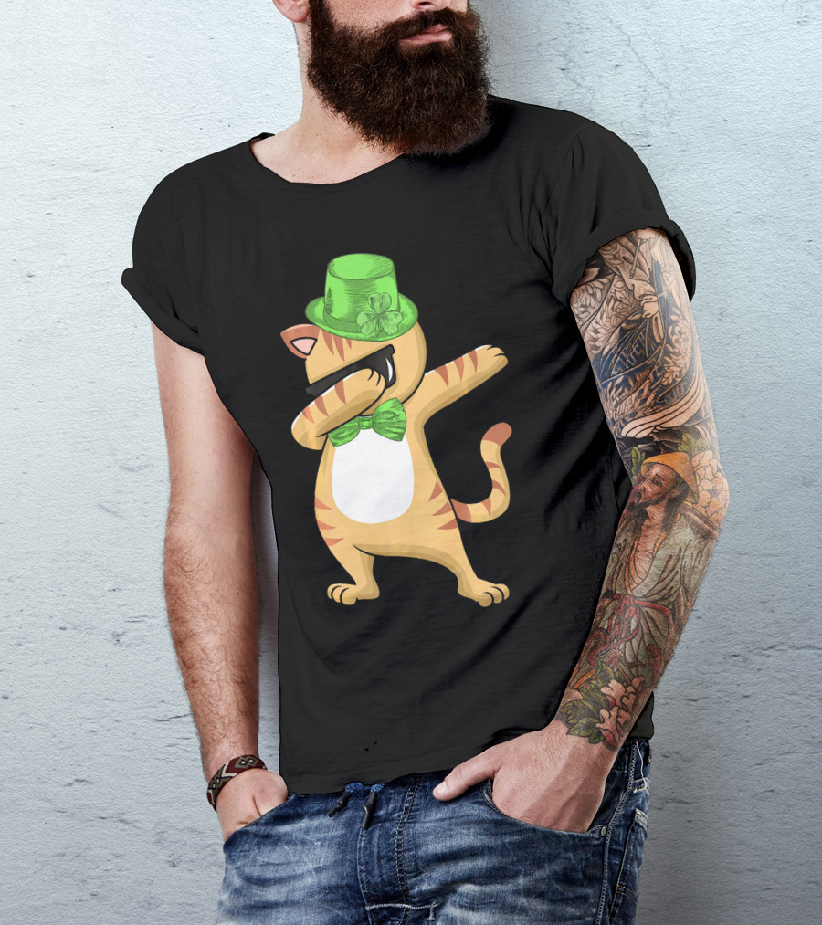Dabbing Cat St Patricks Day Leprechaun Green Hat Clover Bow Tie T-Shirt