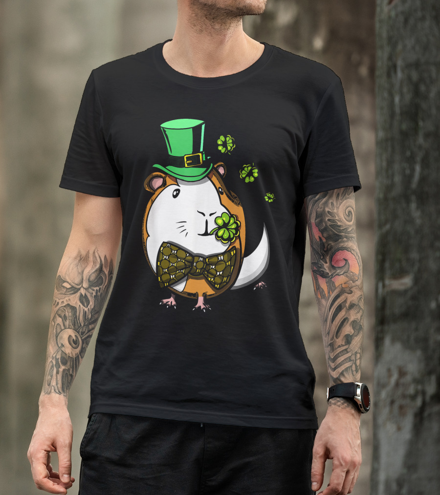 Leprechaun Guinea Pig St Patricks Irish Clover Bow Tie Green Hat T-Shirt