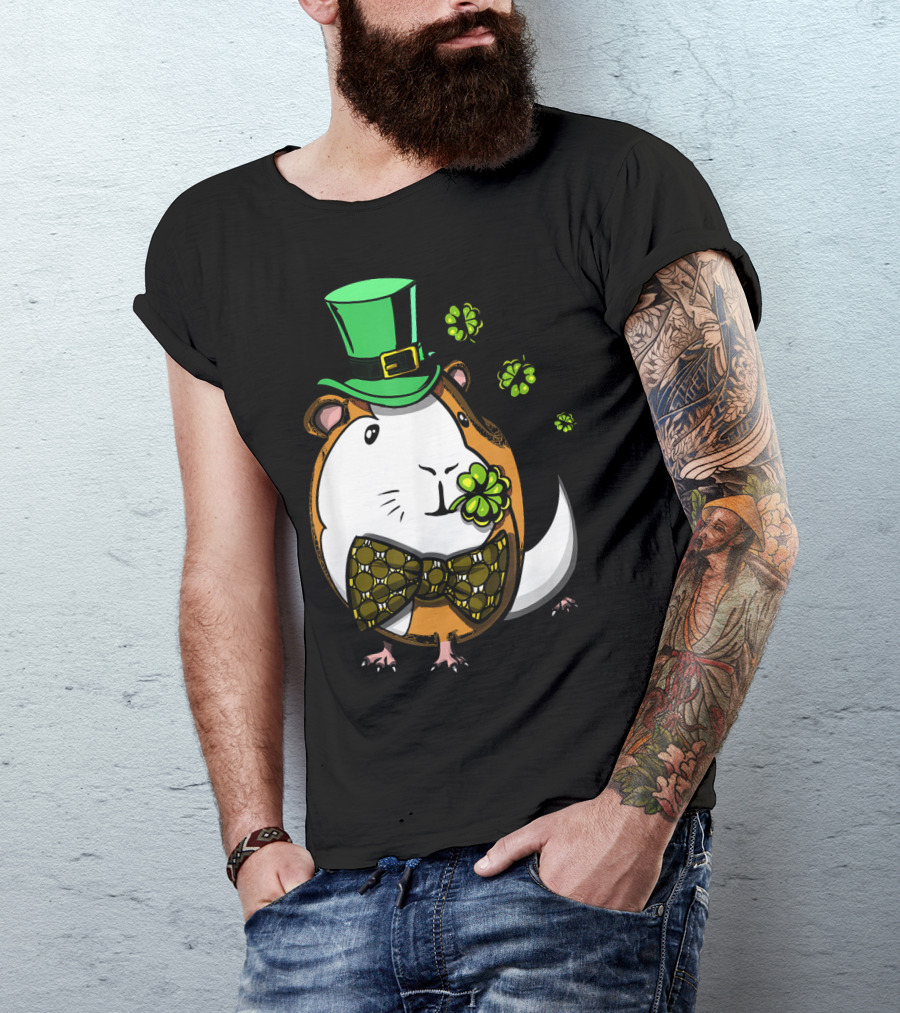 Leprechaun Guinea Pig St Patricks Irish Clover Bow Tie Green Hat T-Shirt