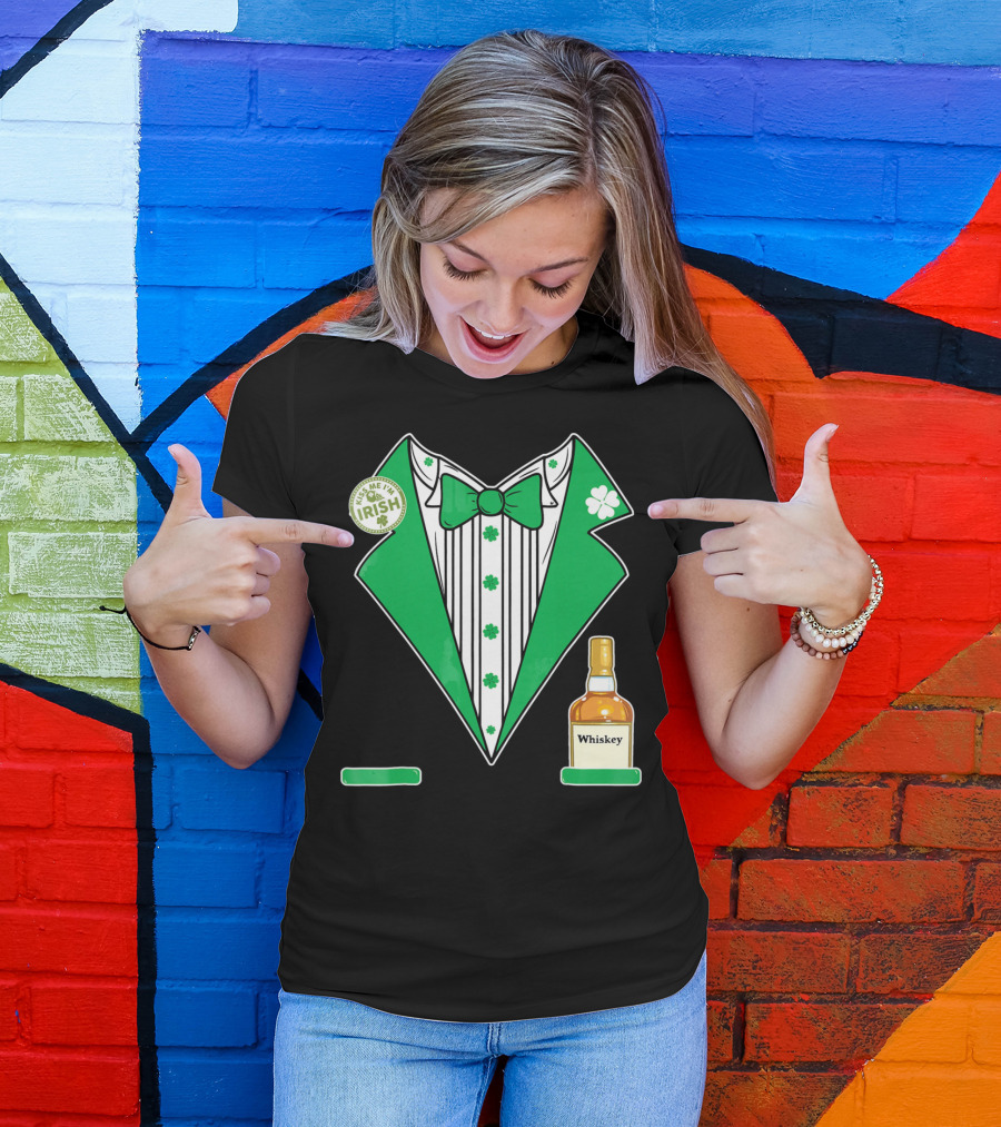 Kiss Me I'm Irish St. Patrick's Day Tuxedo With Whiskey Bottle And Shamrock T-Shirt