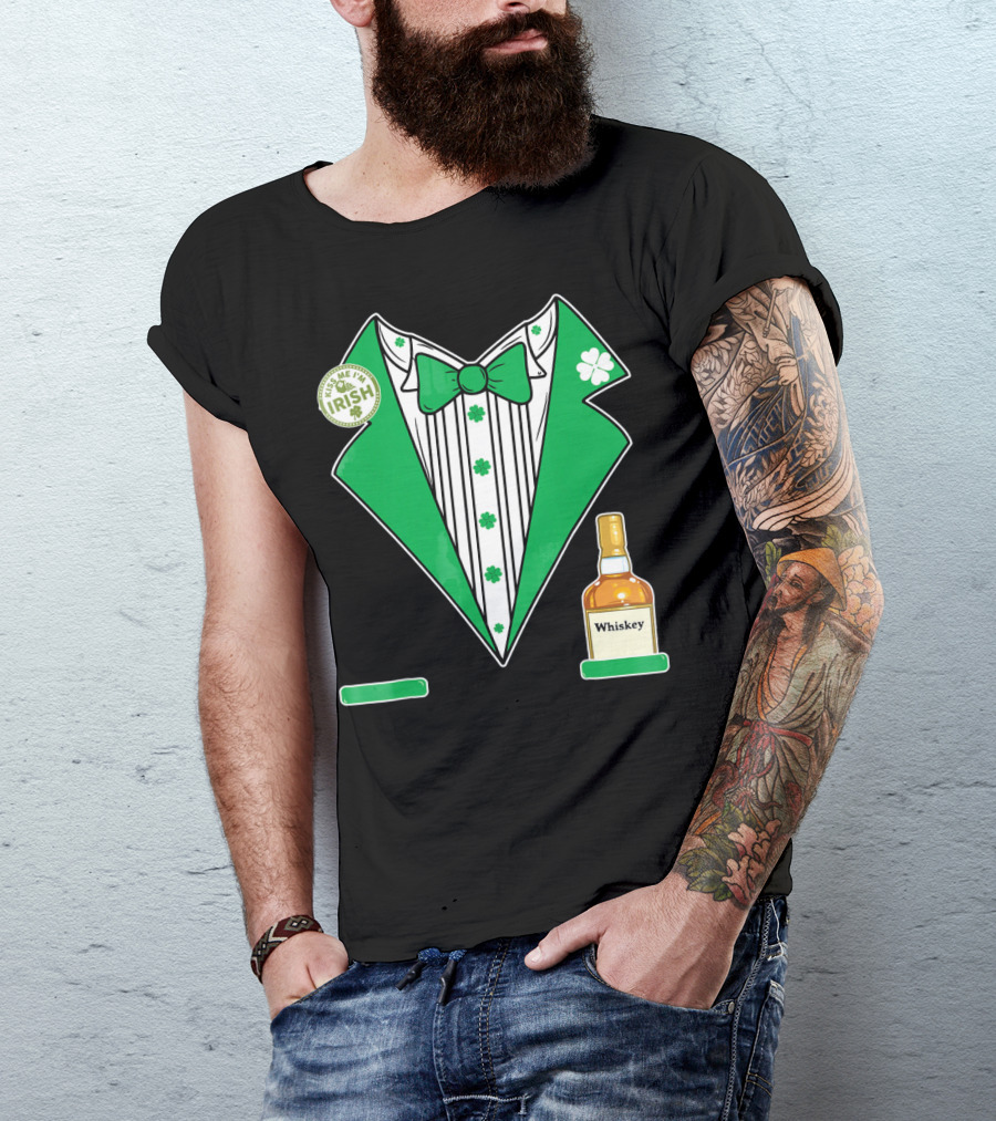 Kiss Me I'm Irish St. Patrick's Day Tuxedo With Whiskey Bottle And Shamrock T-Shirt