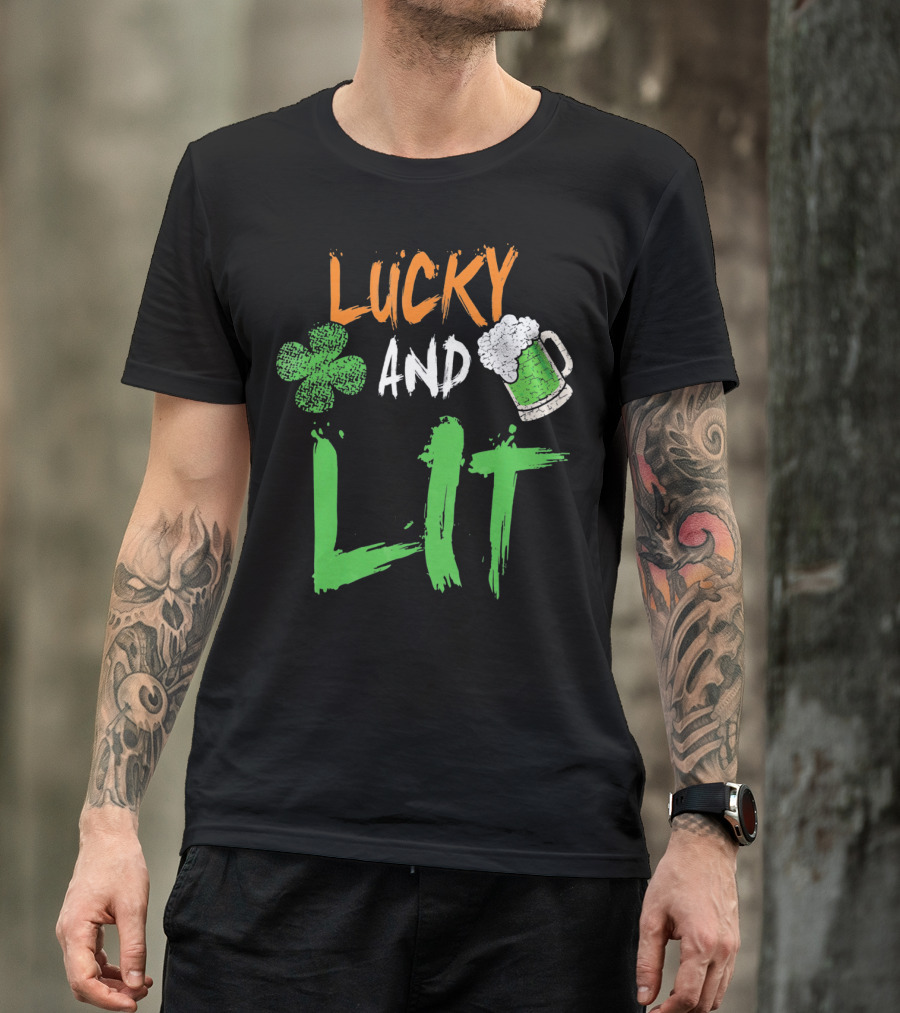 Lucky And Lit Irish Flag Shamrock Beer St. Patrick's Day T-Shirt