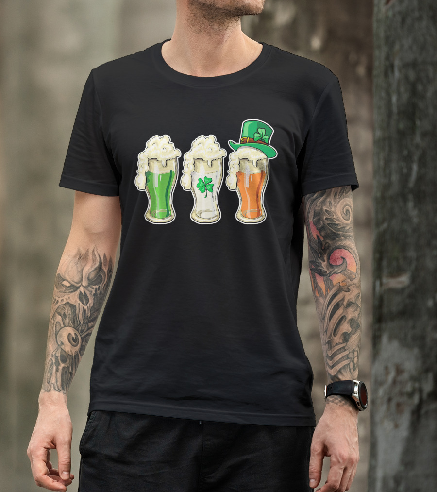 Irish Flag Beer Glasses With Shamrock And Leprechaun Hat T-Shirt