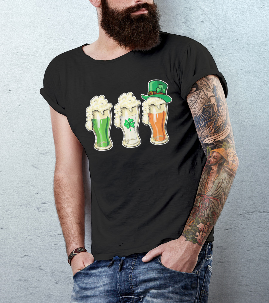 Irish Flag Beer Glasses With Shamrock And Leprechaun Hat T-Shirt