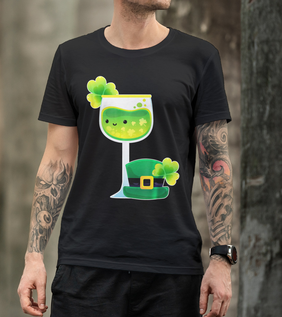 Saint Patrick's Day Green Shamrock Wine Glass With Leprechaun Hat T-Shirt