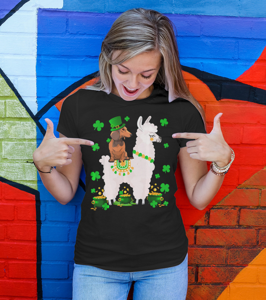 Leprechaun Dachshund Riding Llama Shamrocks Pots Of Gold T-Shirt