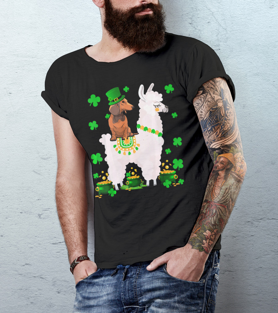 Leprechaun Dachshund Riding Llama Shamrocks Pots Of Gold T-Shirt