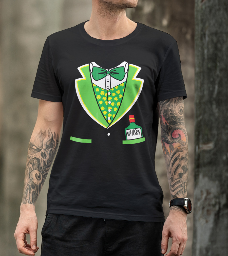 St Patricks Day Tuxedo Costume With Shamrock Vest And Whisky Flask T-Shirt