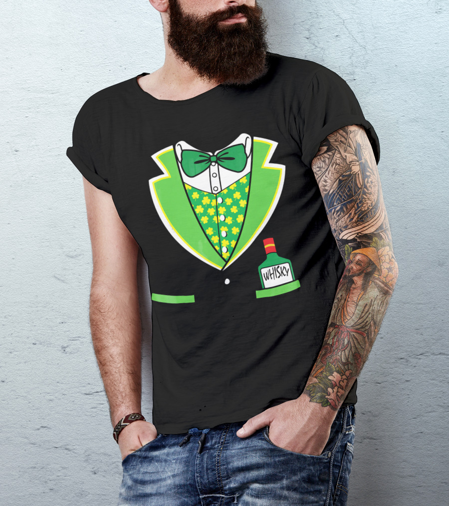 St Patricks Day Tuxedo Costume With Shamrock Vest And Whisky Flask T-Shirt