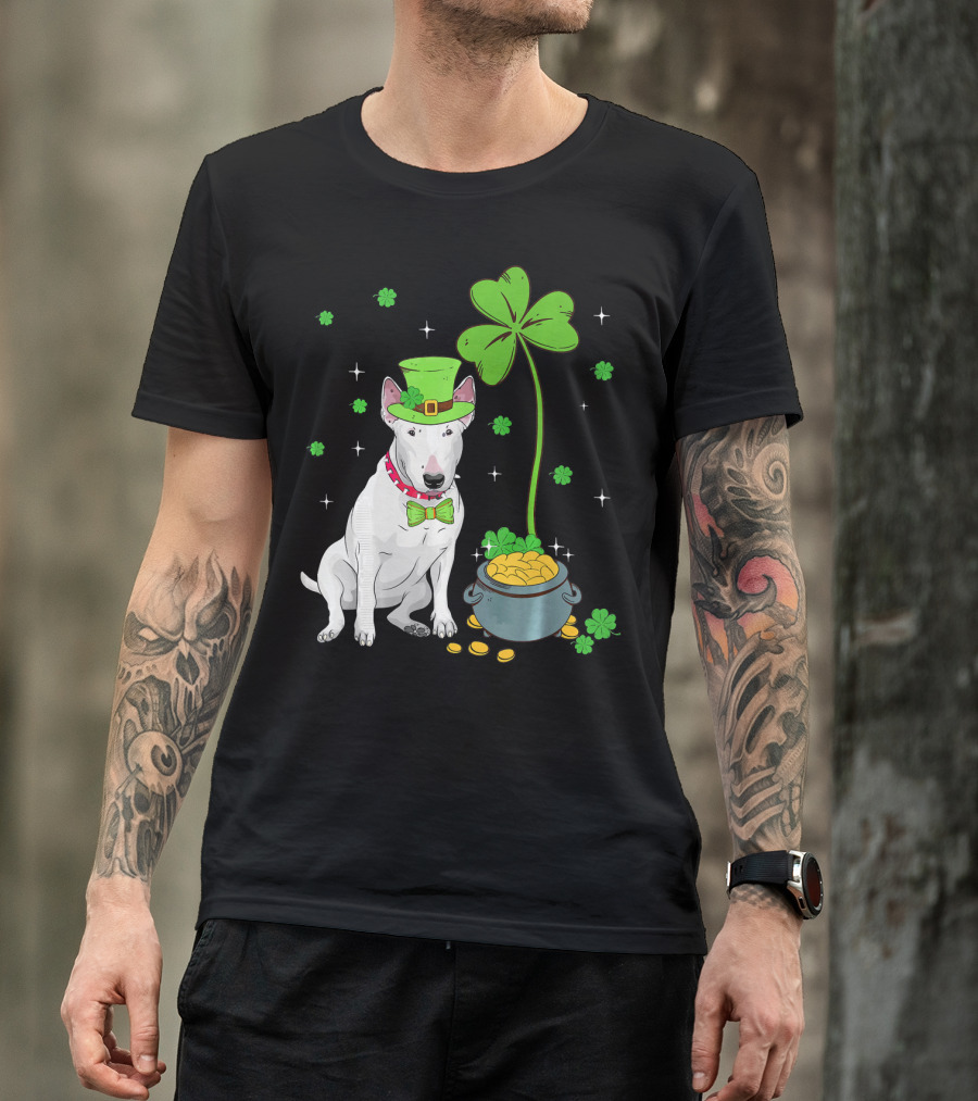 Shamrock Leprechaun Bull Terrier Pot Of Gold And Clover T-Shirt
