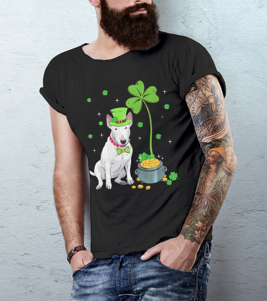 Shamrock Leprechaun Bull Terrier Pot Of Gold And Clover T-Shirt