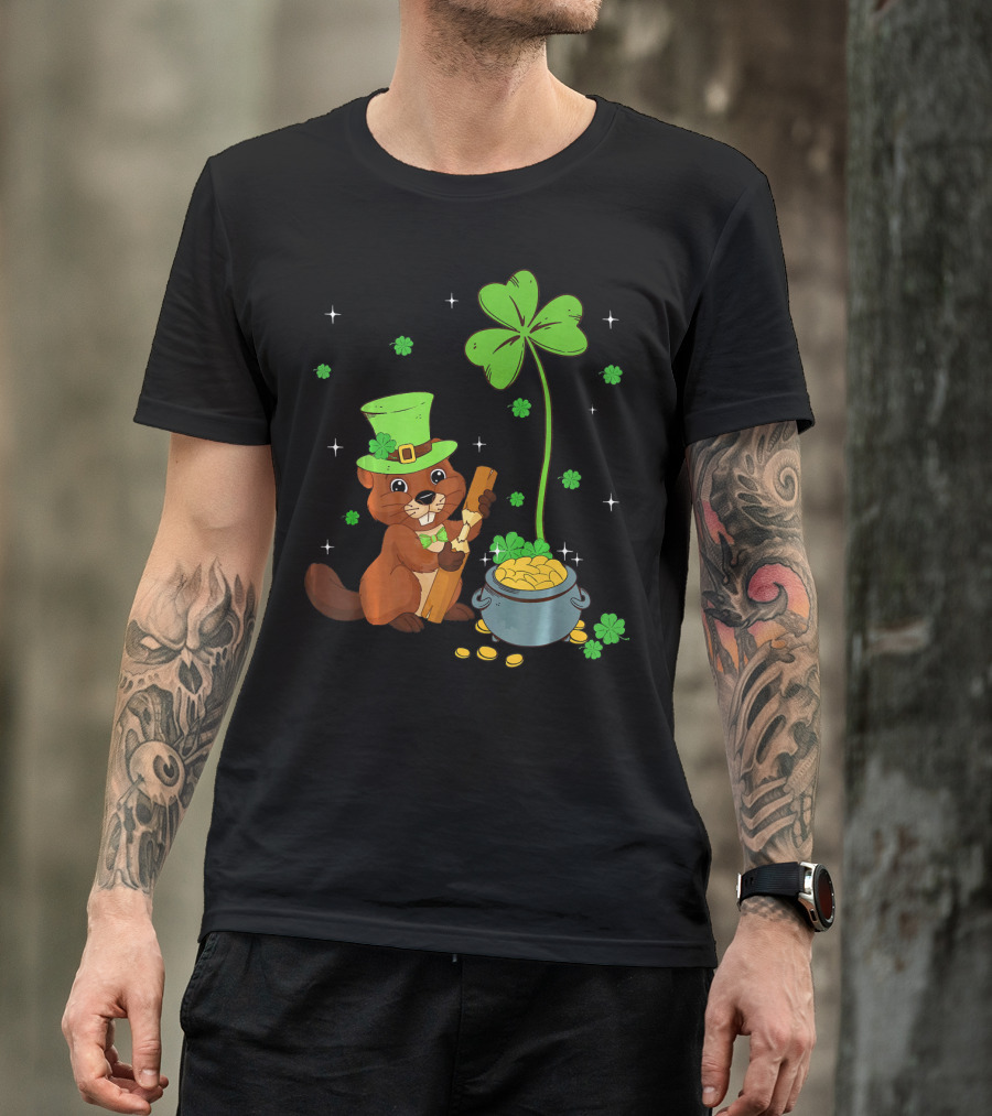 Shamrock-Leprechaun Beaver With Pot Of Gold And Clover For St Patricks T-Shirt