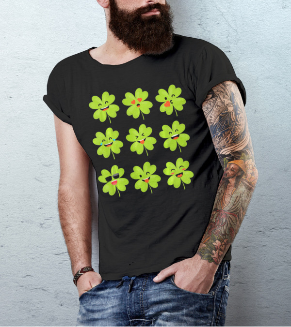 Four Leaf Clover Emojis Funny Saint Patrick's Day Smiley Faces T-Shirt