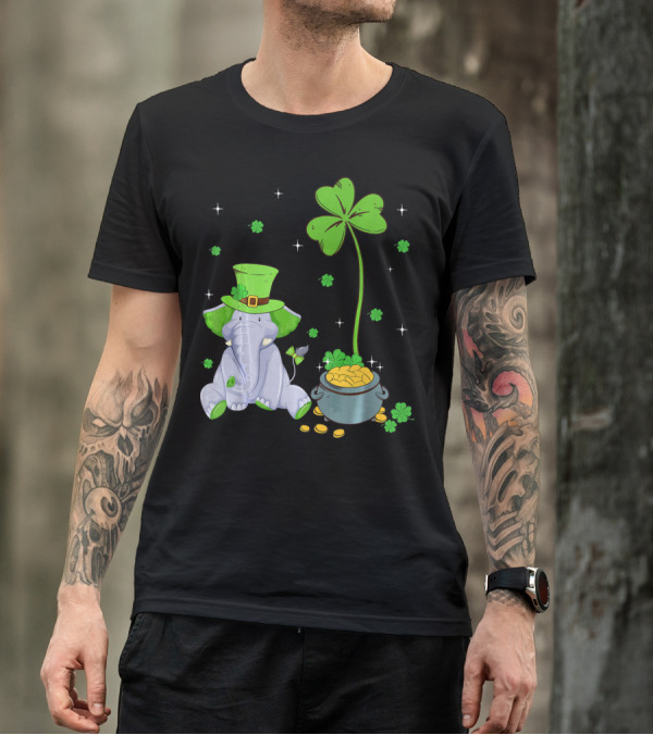 Shamrock Leprechaun Elephant St Patricks Pot Of Gold T-Shirt