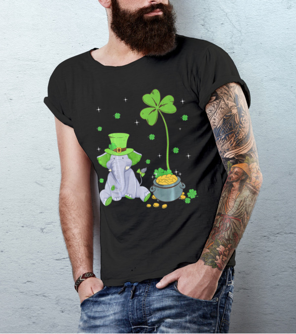 Shamrock Leprechaun Elephant St Patricks Pot Of Gold T-Shirt