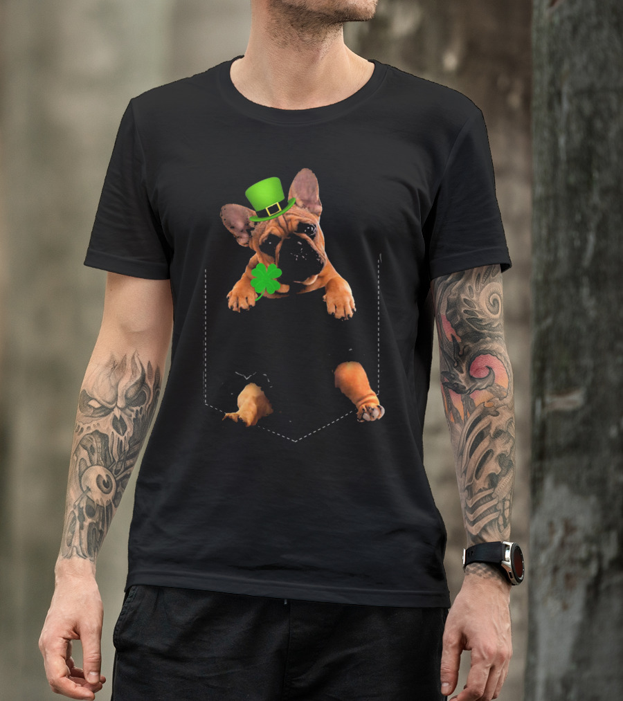 French Bulldog With Shamrock And Leprechaun Hat For St Patricks Day T-Shirt