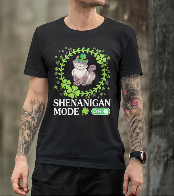 Shenanigan Mode On With Leprechaun Cat In Shamrocks Circle T-Shirt