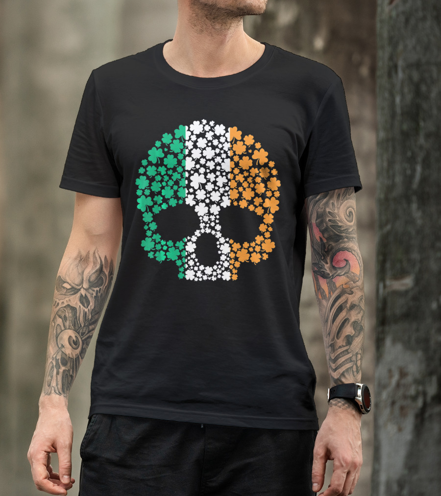Irish Shamrock Skull With Tricolor Pattern For St. Patrick's Day T-Shirt