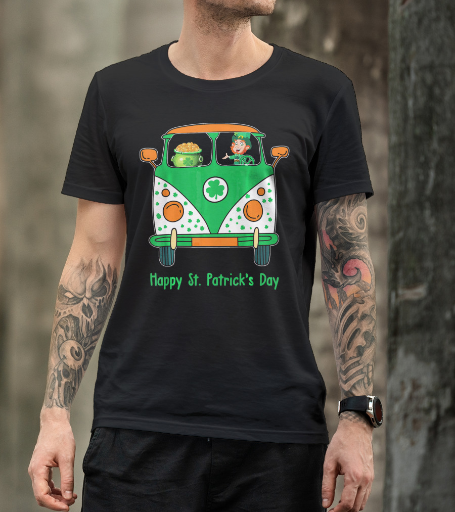 Happy St. Patrick's Day Leprechaun Gold Pot Hippie Car T-Shirt